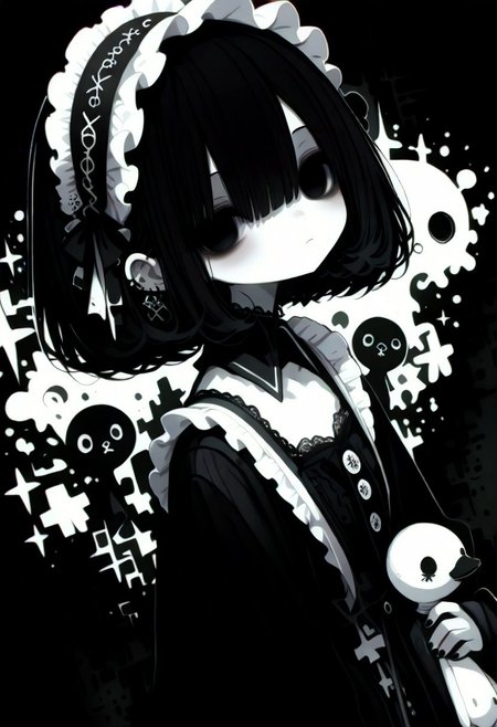 masterpiece,  best quality, good quality, very awa,  very aesthetic, absurdres, newest, oc-chan_(ketopon), 1girl, solo, black hair, bob cut, hair between eyes, black eyes, solid eyes, expressionless, black nail polish, looking at viewer, pale skin, frilled hair band, goth fashion, frilled dress, high collard,lace trim, square neckline, hugging,hugging stuffed animal, black duck, bandaid, bandages, upper body, black halftone background, dark theme,chromatic aberration, from above, dutch angle, limited palette, no lineart, no outline,painterly, blending, flat color, 15546+456868, r17329_illu,flatline,haiz_ai,sometyome_illu