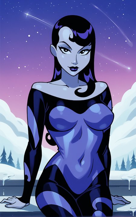 score_9, score_8_up, score_7_up, BREAK
Inque_Human_ownwaifu, 
1girl, black eyes, black hair, breasts, long hair, narrow waist, purple hair, purple lips, purple skin, slime girl, two-tone hair, makeup, lipstick, colored skin, multicolored hair, medium breasts, streaked hair, striped,
black bodysuit, multicolored bodysuit, purple bodysuit, skin tight, bodysuit, bare shoulders, long sleeves, cleavage, off shoulder, covered navel,
(sitting, looking up), aurora, shooting star,  star \(sky\), winter, snow, night, scenery, outdoors,  <lora:PONYXL_DC_BatManBeyond_Inque_ownwaifu:0.75> , depth of field, solo,