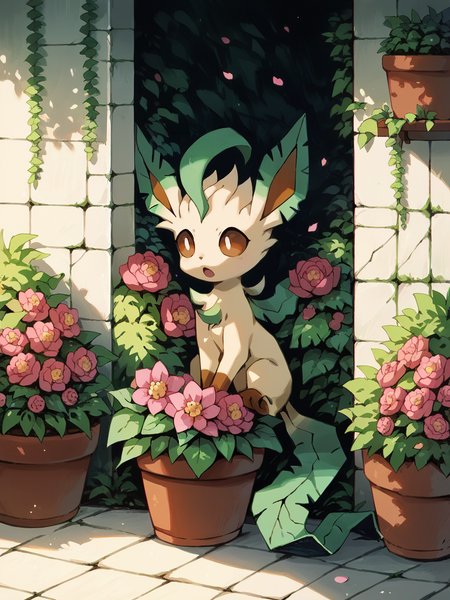 score_9, score_8_up, score_7_up, score_6_up, score_5_up,  <lora:bkomadoriXLP:1> bkomadori, pokemon (creature), no humans, flower, open mouth, sitting, plant, potted plant, red eyes, flower pot, pink flower, holding, outdoors, petals, bright pupils, white pupils, leafeon, solo