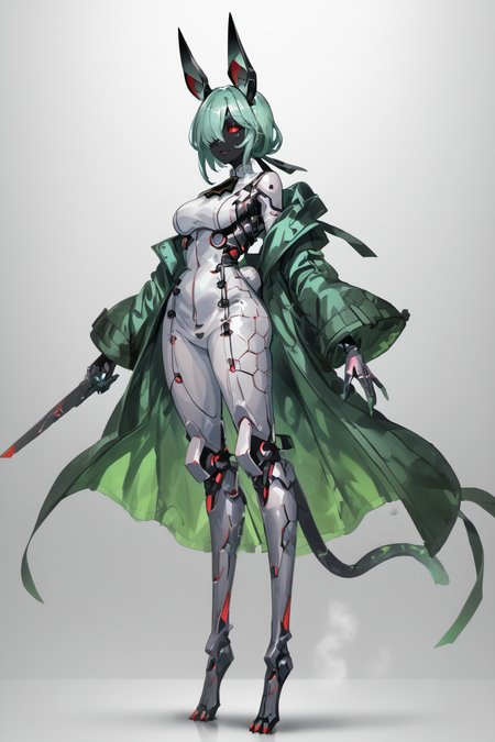 score_9, score_8_up, score_7_up, score_6_up, score_5_up, score_4_up, BREAK, source_anime, solo, 1girl, rating_safe, ((mature female)), ((long green flowing hair)), mechanical parts, (big backwards folded mechanical rabbit ears), mature female, (bunny ears), (animal ears), subdermal port, ((milf, mature female, big breasts)), hexagon lines in skin, naval uniform overcoat, naval uniform, white military uniform, dress_uniform, ribbons, ((red eyes)), bunny tail, rabbit tail, aiguillette, ((green hair)), ascot, ((Low angle (from the side) view medium Close shot)), latex pilot suit, shoulder cutout, bunny rabbit Tail, ((hair over one eye, )), digitigrade, clawed feet, minimal clothes, ((metal skin, shiny skin, vampire aesthetic, digital eyes, filled eyes, monochromatic eyes, glowing eyes, colored sclera, red sclera, mechanical eyes, partially shaded face, )), <lora:ECHANIS:1>, <lora:GyozaPonyV2:1>
