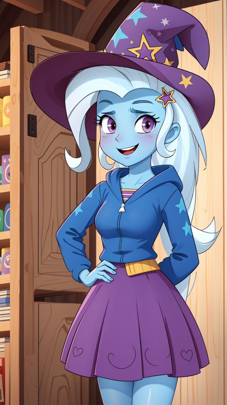 (masterpiece, best quality:1.2),<lora:mlp_trixie-10:1>,cowboy shot,solo,1girl,mlptrixie,colored skin,blue skin,smile,looking at viewer,arms behind back,star hair ornament,witch hat,blue hoodie,purple skirt,