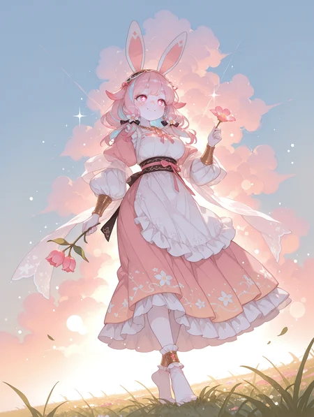 masterpiece,best quality,amazing quality,very aesthetic, re4lity_sync_illu, Sinozick_illu, LeIsT0_illu, 1girl, (solo:1.4), CartoonyIllustrious, crestyle, Bpstyle, mersugar, bingwei_huang_style, film grain, bokeh, haiz_ai, no lineart,no outline, Bright_illu,sparkle,too many light particles, 1r1d3sc3nc3, 
golden hour, sun rays, dramatic lighting, soft lighting, warm colors, happy atmosphere, studio ghibli style, pastel colors, light particles, pink light, pink fog, 
glowing, multicolored hair, iridescent  hair, streaked hair, long hair  hair_flaps, monster pupils, pink eyes, smiling, mature woman,  thick eyebrows, (pink hair:1.1),  light blue hair, tall,   feet, socks, large breasts, bunny ears, stomach ribbon, hair ribbon, (pale skin:1.4), standing, full body, dancing, freckles, holding flower, dutch angle, from below, anklets, bracers, necklace, 
sheer clothes, iridescent, floral patterns, Shawl,
(colorful maid outfit, long skirt, sash, puffy sleeves, hairband, apron, frills:1.2), 
baggy clothes, oversized clothes, 
long grass, large clouds, grass, blue sky, white clouds, field, meadow, colorful flowers, flower field, flowers, tulip field, grass, cherry blossom, wind, 
<lora:DetailedPerfect_hands_r1:1> <lora:NOOB_vp1_detailer_by_volnovik_v1:2> <lora:add-detail-xl:2> <lora:haiz_ai_illu:1> <lora:style4:0.4> <lora:Granblue Fantasy XLV2:0.6> <lora:bingwei_huang_style:0.3> <lora:Cartoony_Illustrious_Style:0.2> <lora:Beatrix_Potter_Style_illustrious:0.2> <lora:å½é£æç»SDXL:0.2>  <lora:TrendCraft_The_Peoples_Style_Detailer-v2.0A-3_13_2025-PonyXL:0.3> <lora:illustrious_very_aesthetic_v1:0.4> <lora:Bright_style:0.4>  <lora:1r1d3sc3nc3XLP:0.4>