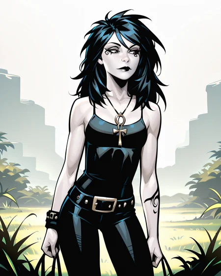 masterpiece, best quality, absurdres, perfect quality, absolutely eye-catching,   <lora:ChrisBachaloIllus:1> bachalo,  <lora:Death of the EndlessilluLoRA:1> dethofend, pale skin, colored skin, long hair, tattoo under eye, ankh necklace, tank top, belt, pants