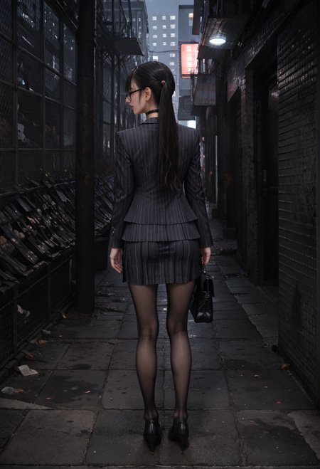 ,ruanyi0860,dark,alley,1girl,solo,
,ruanyi0856,striped jacket,choker,black pantyhose,striped skirt,glasses,black skirt,pinstripe pattern,
from behind,ass,full body,pov,<lora:0860 late night alley_v1_pony:0.8>,<lora:0856 OL professional suit skirt 1_v1_pony:0.7>, score_9,score_8_up,score_7_up,,8k,1girl,solo,,