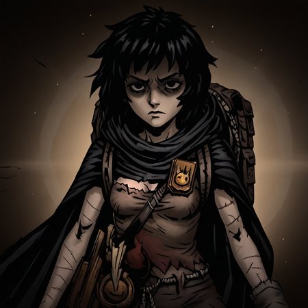 masterpiece, best quality, newest, absurdres, highres, anime, anime style, DDstyle, official style, black eyes, shaded eyes, 1girl,  DDRAW-V1.0, cape, black hair, short hair, small breasts, backpack, rags