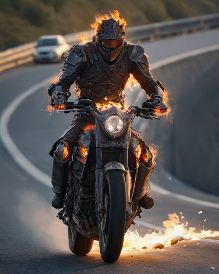 hyperdetailed photography,masterpiece,awardwinning,128k uhd,cndrlord,man in flaming armor on a motorbike driving on a highway ,<lora:lordofcinders:0.8>,raw photo,sharp focus,bokeh,epic,official art