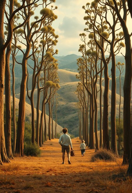 A caricature figure in a whimsical forest of elongated trees and rolling hills, rendered in a dramatic cinematic style with natural earth tones, vibrant color gradients, and meticulous detail.  The style is surreal realism with a mid-century modern aesthetic, showcasing layered textures, atmospheric depth, and a fairytale ambiance. Film-like composition and lighting using browns, beiges, and muted colors.