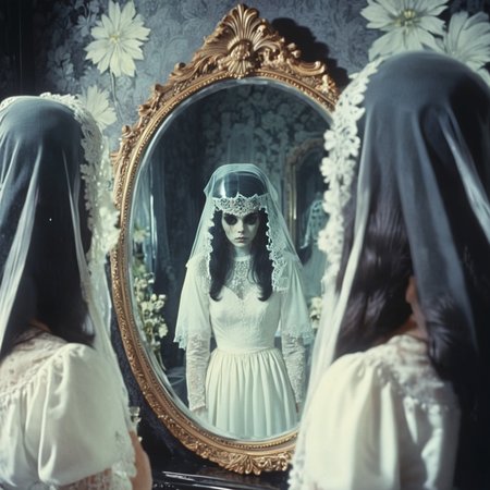 <lora:70s_Horror_MovieSDXL:1> ArsMovieStill, movie still from a 1970s horror movie, The image is a still from a movie or TV show. It shows a woman standing in front of a large ornate mirror looking at herself in the mirror. She is wearing a white wedding dress with a long veil covering her head and shoulders. Her hair is styled in an updo and she has a pale complexion. The background is dark and there is a floral wallpaper behind the mirror giving the image a romantic and eerie feel. The overall mood of the image is eerie and mysterious., mirror, dress, reflection, 1girl, veil, long hair, white dress, blurry, black hair, wedding dress