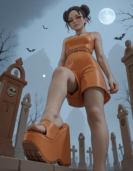 score_9, score_8_up, score_7_up, score_6_up, realistic,
wide angle, standing, low angle, foot focus,
standing,
1girl, dark skin, goth, curly hair buns, round glasses,
ï»¿mega wedge heels, platform footwear,
orange romper, skintight clothing,
halloween scene, fog, cemetery, night,
orange toenail polish,
embedding:zPDXLrl ,
embedding:zPDXL2 ,