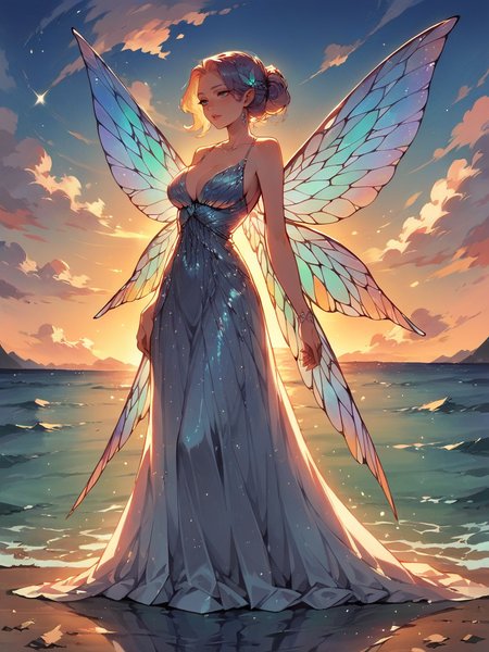 score_9, score_8_up, score_7_up, score_6_up, score_5_up,  <lora:stainedglassXLP:0.6> stained glass wings, 1girl, dress, solo, sky, bare shoulders, cloud, fairy, large breasts, evening gown, ocean,