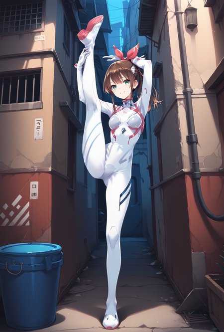 score_9, score_8_up, score_7_up, score_6_up, score_5_up, score_4_up,anime source,full body, 
  misaki,1girl,ponytail,hair ribbon,brown hair,green eyes,smile,
 Evasuit08, white bodysuit,red color,
standing split,alley,<lora:MisakiXLPony:0.8>,<lora:Eva08XLPony:1>