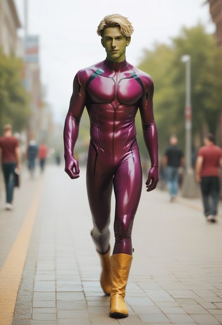 score_9, score_8_up, score_7_up, green face, adult male, colored skin, superhero, latex, short blonde hair male, ((magenta bodysuit)), magenta superhero, yellow boots, walking, depth of field, 32k UHD resolution, best quality, high quality, full body