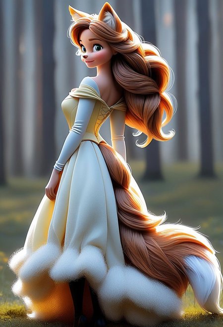 Realistic movie style, Belle, perfect hairy voluminous foxtail, her tail is a part of her anatomy, her tail is rooted at the top of the buttocks,