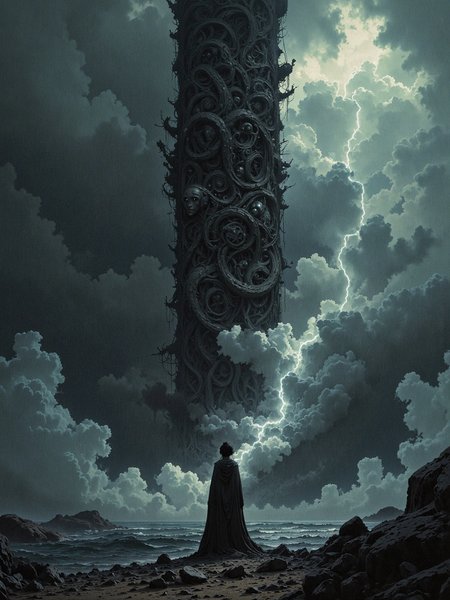 A towering black monolith pierces the sky, its surface etched with impossible shapes that seem to shift and writhe like living serpents. The figure standing at its base is shrouded in mist, their face tilted away from the viewer as if gazing longingly towards some distant horizon. The air is electric with anticipation as a thunderstorm brews on the horizon, lightning illuminating the darkening skies in flashes of blinding white.  Smoke wafts through the air, tendrils curling around the monolith's base like ethereal tentacles. Mist swirls around the figure, <lora:Flux_Turbo_Alpha.safetensors:1.0> <lora:VividlySurrealV2.safetensors:0.8> vividly surreal 2 <lora:flux.1_lora_flyway_Epic-detail_v2.safetensors:0.4> epic gorgeous details
