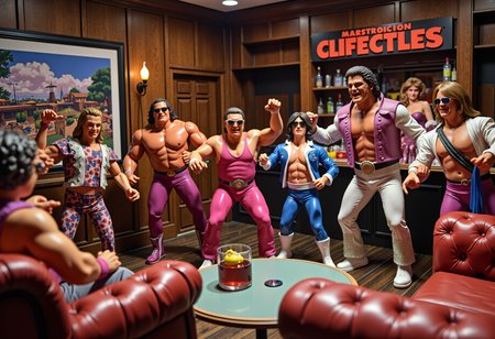an infected picture, a scene where a bunch of  big rubber tough figurines in ridiculous 70s outfits are partying in a 1970s lounge. It has wood paneling, pleather tufted furniture, Miss Elizabeth tending bar, and disco lights. . gelatinous jaundiced milky goo residue, elaborate repugnant asymmetrical discoloration, liver spots. dirty, worn, grime. grit.