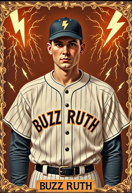 A gloriously weathered baseball card from the 1920s, featuring the legendary player "BUZZ RUTH." The card showcases rich, sepia-toned hues that hint at a bygone era of baseball lore. Stylized lightning bolt symbols adorn the art, as well as electric energy and glowing lightning.  Buzz Ruth's image is striking, with his rugged, determined expression and vintage baseball uniform perfectly preserved in exquisite detail. The intricate line work and expert shading make this a truly remarkable piece of sports memorabilia, capturing the essence of a time when baseball was truly America's pastime.