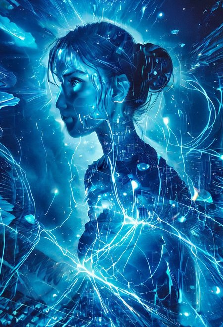 double exposure of Hatsune Miku with long blue hair floating twintails singing merging with a printed circuit board, <lora:DoubleExposure:1>, head, person, 
(masterpiece, best quality, ultra_detailed, highres, absurdres:1.2), 
realistic, photo, circuitry, circuits, chip, processor, motherboard, electronics, side view,  
1girl, solo, (Hatsune_Miku, long_hair, aqua_hair, twintails:2), aqua_eyes, small_breasts, bare_shoulders, necktie, detached_sleeves, sleeveless_shirt, pleated_skirt, black_skirt, aqua_necktie, grey_shirt, black_thighhighs, black_sleeves, arm_tattoo,
<lora:loraeyesxl:0.4>