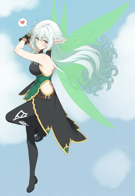 score_9, score_8_up, score_7_up, anime,

1girl, solo focus, flying, from side,

lux(sao), alo-outfit, white hair, long hair, hip-length hair, wavy hair, amber eyes, elf ears, sleeveless, high collar, black top, vertical striped top, white stripes, green bodice, gold trimming, black tights, white detailing on tights, black boots, short boots, coattails, black coattails, hip cutouts, black gloves, fingerless gloves, fairy wings, green wings,

big smile, happy, blush, heart (symbol), spoken heart, 

outside, sky, blue sky, clouds, aesthetic clouds,