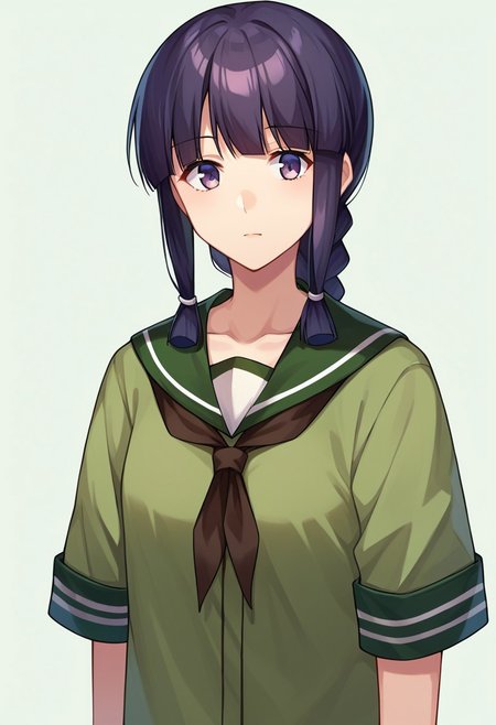 score_9, score_8, score_7, source_anime, kitakami (kancolle), single braid, shirt, cowboy shot, socks, standing, upper body, collarbone, green shirt, serafuku