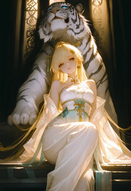 masterpiece, best quality, good quality, very aesthetic, absurdres, newest, straight on,low view,
a Hanfu Bride,Sitting sideways on a white tiger,
huge tiger,Sitting sideways, long hair, blonde hair, Hairpin, see-through, tassel,Her delicate hanfu, embroidered with intricate patterns, looking_at_viewer, Cinematic Lighting, <lora:ponyv5_noobV065S_1_adamW-000013:0.7> <lora:GBF_Illustrious:0.6> <lora:748cmSDXL:1>