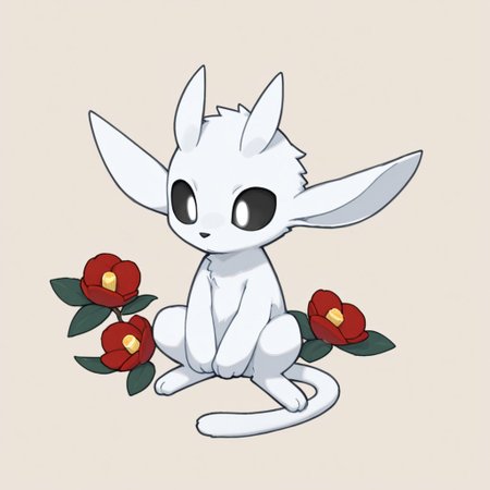 camellia flower, 1boy, solo, full body, furry, male, chibi, ori_il, feral, ori, tail, black sclera, white eyes,