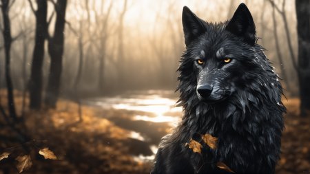 a full shot, full body shot of Fenrir a darkcoal wolf, portrait, long dark fur, gold fur, dark gold theme, dark noir style, perfect symmetrical eyes and iris, golden sclera, fang teeth, canines.
He stands with wet fur next to a streamlet between scattered trees on a withered, grassy steppe.
The ground is littered with leaves. At golden hour, autumn, autumn leaves.
water, puddle of water, reflective surface, volumetric lighting, god rays, ray tracing, lumen, shallow depth of field, sharp focus, high contrast.
There is a misty or smoky atmosphere around the figure, giving the picture a mystical element. The picture is in a monochromatic scheme, mainly with shades of black, white and gray.
(dystopian style,  highly detailed, bleak, post-apocalyptic, somber, dramatic),
8k UHD, RAW photo, HDR, photorealistic, photo realism, long shot
