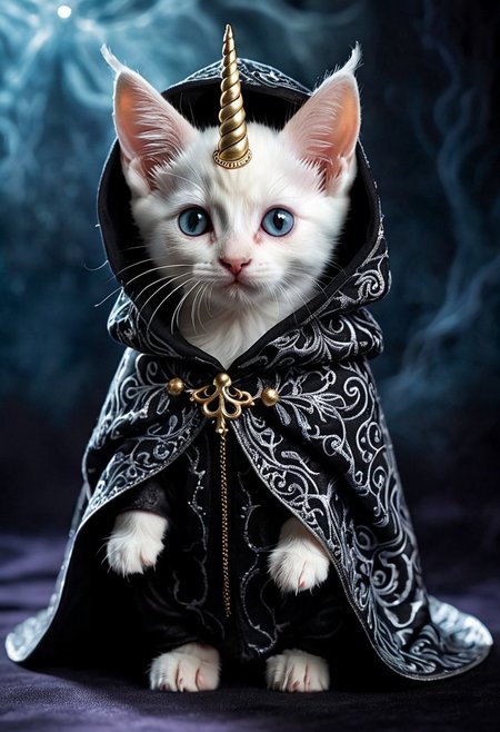Let's delve into the realm of dark whimsy with a unique creation—a unicorn kitten draped in an eerie reaper costume. Imagine a tiny, fluffy kitten with a shimmering white coat, delicate pastel-colored horn protruding from its forehead, and bright, curious eyes peering out from beneath a hooded reaper cloak. The cloak, a deep, midnight black, billows around the kitten, its fabric adorned with intricate, ghostly patterns that glimmer in the dim light. The kitten's tiny paws extend from the cloak, each one tipped with tiny, gleaming claws that reflect a faint, ethereal glow. A sense of mystery and intrigue surrounds this tiny creature as it gazes up at you with a mix of innocence and otherworldly wisdom, a juxtaposition of the adorable and the eerie blending seamlessly in this captivating portrayal.