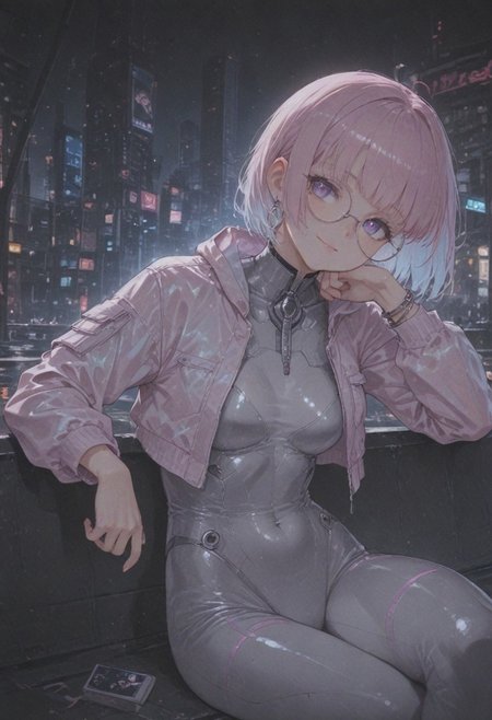 ral-hlgrphic, usnr, gbf_style, 748cmstyle, ( fine texture, masterpiece, ultra-detailed, very awa, best quality, very aesthetic, absurdres, newest, natural lighting, scenery, portrait photo, cinematic composition), BREAK, 1girl, korean woman, pale glittery pink hair, glowing holographic hair extensions, blunt cut bangs, glossy lips, elegant, soft makeup, pink pupils, small breasts, toned body, BREAK, holographic fabric, iridescent colors, pink cropped long-sleeve jacket, open at the front, round glasses, silver bodysuit, silver hoop earrings, bracelets, detailed accessories, BREAK, close-up shot, front view, natural relaxed pose, arm resting casually, looking at the viewer, expressive face, confident expression, slight smile, BREAK, outdoors, sitting on a bench, crowded cyberpunk city street, background with blurred pedestrians, holographic advertisements, neon everywhere, detailed background, cinematic atmosphere, BREAK.