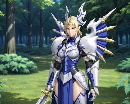 artoria dorugoramon holding a sword and shield and standing in a clearing,smug, scene from fate/grand order,dress,wings,horns,anime,anime style, forehead jewel,<lora:DORUgoramon:0.6>