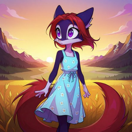 Dreamkeepers,Indi_and_Digo,1girl,solo,furry,tail,source_furry,,red hair,purple fur, purple eyes,
child, kid,
Mh1$AgThS2, intricate linework with expressive contrasts, soft lighting with dynamic highlights,  in a floral-pattern summer dress looking at a rusted antiquated oilfield with oil derricks, landscape, sunset. Impressionistic, ligne claire outlines for clarity and structure, In the style of ff-td