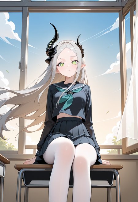 masterpiece, best quality, high resolution, source_anime, highly detailed illustration, detailed eyes,  
very aesthetic, absurdres, newest, amazing quality, 
1girl, solo, 
<lora:shiLeviathanV1ill-000010:1>, 
shileviathandef, 
long hair, grey hair, parted bangs, green eyes, slit pupils, asymmetrical horns, pointy ears, 
floating hair, open window, wind, sitting, school desk, 
school uniform, pleated skirt, white pantyhose, expressionless, looking at viewer,