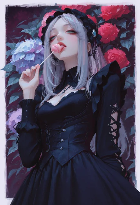 masterpiece, best quality, good quality, newest, highres, absurdres, from below,
pastel cyan eyes, grey hair, multi colored hair, long hair, hair ornament, twintale, 
victorian black maid dress, frilled skirt, half closed eyes, dazed, emotionless, small breasts, cleavage, adult,
1girl, solo, upper body, roses, hand up, licking lollipop, looking to the side, leaf, red roses, black roses, gradient purple background with thick white border,
hydrangea, laced sleeves, Ethereal Brushstroke, Flat vector illustration, rakugakingu, 
<lora:ppw_v7_animv4_1_r2:0.6> <lora:748cm_illu:0.6> 7481llu <lora:69yottea_illu_v2:0.4> <lora:illustrious_all_rated_v1:0.6> masterpiece, best quality, very aesthetic, <lora:LLDN-IL:0.8>