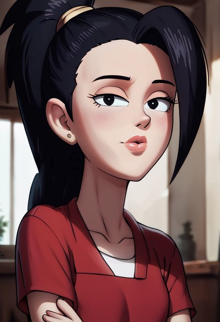 (ultra HD quality details), Detailed illustration, score_9, score_8_up, score_7_up, score_6_up, PRSNL, w_g_f, uncensored , pupils black dots, 1girl, lips,
kale, black hair, ponytail, black eyes,
Warm light, indoors,
((Upper body)),