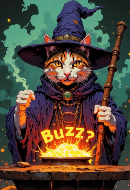 A wizard cat with a bubbeling cauldron. Smoke rises up and spells the word "Buzz?"