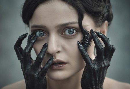 moody cinematic, realistic photo of (elegant victorian era woman:1.2) interacting with (eerie:1.3) (black slug xenomorph:1.125), (hands in frame, touching face, strong face expression:1.05), (perfect feminine hands, anatomically correct fingers, perfect feminine anatomy, perfect feet:1.15), (perfect eyes, ideal round cornea:1.1), (sharp focus on eyes, perfect natural skin texture with blemishes, realistic skin, skin covered with moisture slime:1.15)