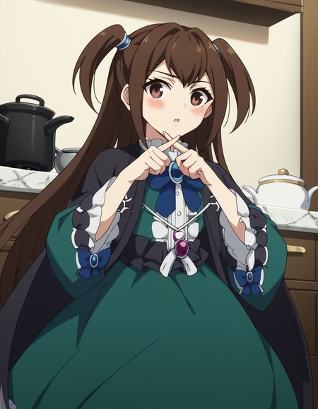 score_9, score_8_up, score_7_up, source_anime, <lora:kizuna-kazayama-s2-ponyxl-lora-nochekaiser:1>, kizuna kazayama, long hair, brown hair, brown eyes, two side up,, long sleeves, dress, bow, frills, wide sleeves, bowtie, cape, blue bow, brooch, green dress, black cape,, kitchen, stove, fridge, utensils, chef, , <lora:x-fingers-ponyxl-lora-nochekaiser:1>, x fingers, blush, parted lips,, looking at viewer, solo,, dutch angle, cowboy shot