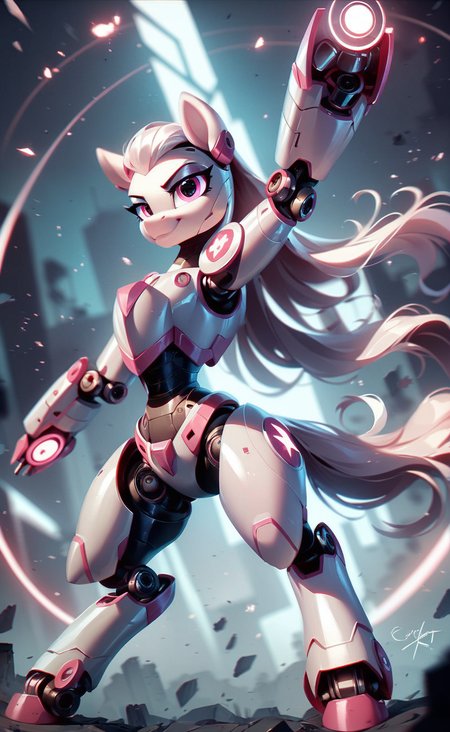 score_9, score_8_up, score_7_up, score_6_up, cybrk, 1girl, pony robot posing in complex futuristic armor, exciting pose, raised arm, power, cyborg, giant creature, cinematic, epic photoshot <lora:cybrk-knight:0.6> <lora:prbt1:1.0>