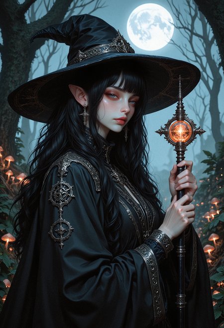 An1meL1nes, face close up, gorgeous perfect eyes, highly detailed eyes, glossy lips.  A digital fantasy artwork featuring a witch with long, wavy black hair, slightly pointed ears, and a soft glow emanating from her youthful features.  The woman is wearing an ornate black pointed hat decorated with silver filigree, flowing black robes adorned with arcane symbols, and she wields a magic staff topped with a shimmering crystal orb.  The background is a lush forest filled with ancient towering trees and faintly glowing mushrooms, softly illuminated by pale moonlight filtering through a canopy of leaves.  The composition focuses on her poised stance, her intense gaze brimming with mystical energy, and a subtle magical aura emanating around her staff.  The overall color palette is a rich interplay of black and white, highlighting the eerie, enchanted atmosphere while complementing her bright, otherworldly features.  (maximum ultra high definition image quality and rendering:3), maximum image detail, maximum realistic render, (((ultra realist style))), realist side lighting, 8K high definition, realist soft lighting, (amazing special effect:3.5).  <lora:FluxMythAn1meL1nes:1>