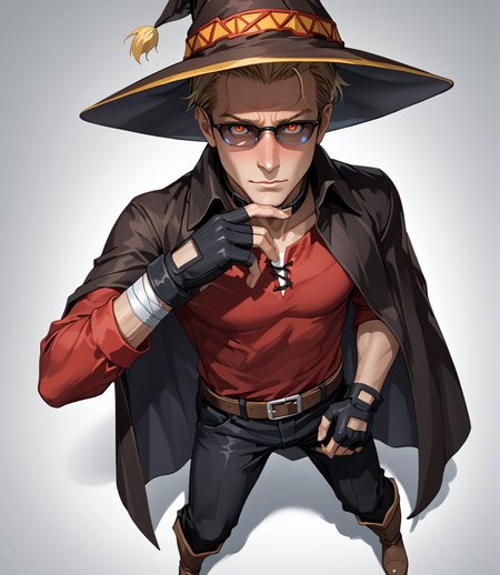 PonyScores7, source_anime, ah1, BREAK <lora:albertwesker-guy-PONYv1:0.8> albertwesker, albert wesker, 1boy, blonde, black gloves, (sunglasses:1.3), belt, black coat, black pants, looking at viewer, toned, athletic, fit, slicked back hair, black turtleneck, zipper, mature male, short hair, black boots, (encountering strangers), (A serene Balinese rice terrace with a farmer tending to their crops in the early morning), ((drunk, nose blush, bubbles, expression)), (focused, intense glare), (reddish orange eyes, slit pupils), (angular face, sharp_featured face), handsome, charming, alluring, BREAK <lora:xl_more_art-full_v1:0.2>, <lora:shinyskin2:0.2> glistening skin, <lora:aesthetic_anime_v1s:0.2>, <lora:Expressive_H:0.2> Expressiveh, <lora:hairdetailpxl:0.2> hairdetailpxl, <lora:EpicF4nta5yXL:0.2>, <lora:detailxl:0.2> detailxl, <lora:Fant5yP0ny:0.2>, best quality, amazing quality, best aesthetic, absurdres, <lora:expressive eyes:0.2> expressive eyes, <lora:eyedetailpxl:0.2> eyedetailpxl, illustration, Volumetric_Lighting, ultra-detailed, very aesthetic, intricate details, 8k, masterpiece, best_quality, BREAK (From above, looking straight down at the subject), BREAK <lora:Eyes_High_Definition:0.3> EyesHD, Stable_Yogis_PDXL_Positives, AS-Adult, <lora:Complicated fantasy portrait - XL Pony V2.0:0.4>, bad-hands-5, AS-MidAged, <lora:megumin-cosplay-ponyxl-lora-nochekaiser:1>, megumin cosplay, megumin (cosplay), thighhighs, gloves, hat, dress, black gloves, belt, black thighhighs, fingerless gloves, cape, collar, witch hat, bandages, red dress, single thighhigh, asymmetrical legwear, bandaged leg,