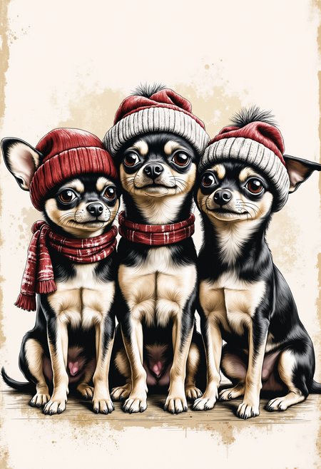 pst010,Drawing of three Chihuahuas sitting close to each other wearing hats and scarves