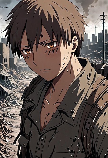 high resolution, solo, best quality, 1Boy, Takaki Toono, Brownish Hair, Brown Eyes, shallow depth of field, Post-Apocalyptic, survival, OverallDetail
