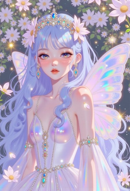 pinkprismaticglow,
A dreamy woman with pastel pink and blue ombre hair, cascading in soft waves. Her delicate lavender eyes glow faintly as she smiles. She wears an ethereal white gown with soft pink and lilac floral embroidery, and her translucent butterfly-like wings shimmer in pastel hues. Around her, floating petals and glowing fireflies create a serene, magical aura.
