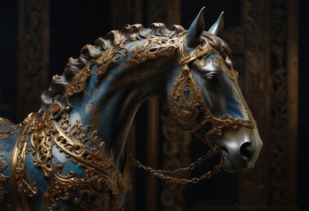 (Crafted Ceramic of a horse), gold filigree, cybernetic enhancements, machinery, rusty steel armor, triadic colors, stunning background. dark and moody, a mesmerizing blend of light and shadow. masterpiece, absurdres, intricate details <lora:TQCeramicStyle:0.9> Rembrandt lightning