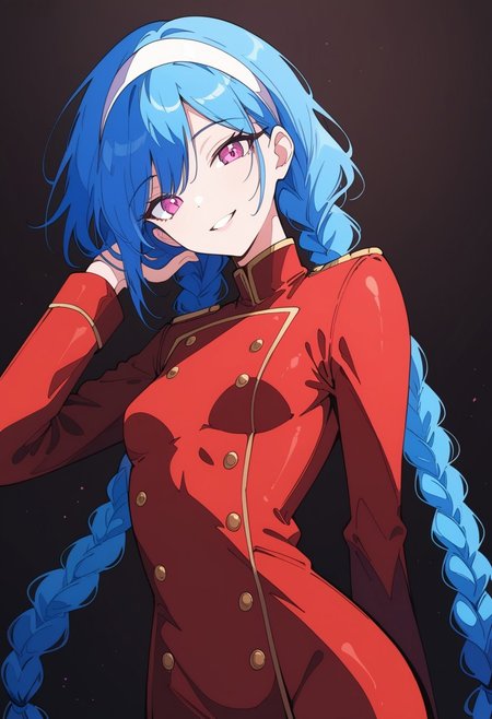 zPDXL3, ((masterpiece)), ((best quality)), 8k, high detailed, ultra-detailed, highres, intricate details, depth of field, best quality, bokeh, shiny skin, LP_jinx, blue hair, twin braids, pink eyes, 20 years old, detailed perfecteyes, fit, small breasts, dynamic lighting, Expressiveh, ArawAraw, high contrast, absurdres, vibrant, highly detailed, ligne claire, cogecha, 10s, 1girl, arm behind back, arm up, brown background, buttons, dress, eyeshadow, hairband, hand in own hair, head tilt, holding, holding own hair, long sleeves, looking at viewer, makeup, military, military uniform, parted lips, red dress, smile, solo, straight hair, tsurime, upper body, very long hair, white hairband