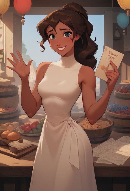 score_9, score_8_up, score_8,
 , 
cute Mediterranean woman, 32 years old, long curly dark hair in ponytail, ((dark skin)),  ((medium breasts)),fit body,  board,text, board with text,("Thank you for all given reactions":1.2),
((wearing white long dress)), market background,
in full color, aroused, inviting face, half-smile,
Modeling for sexy photos solo, JanePorterXLP