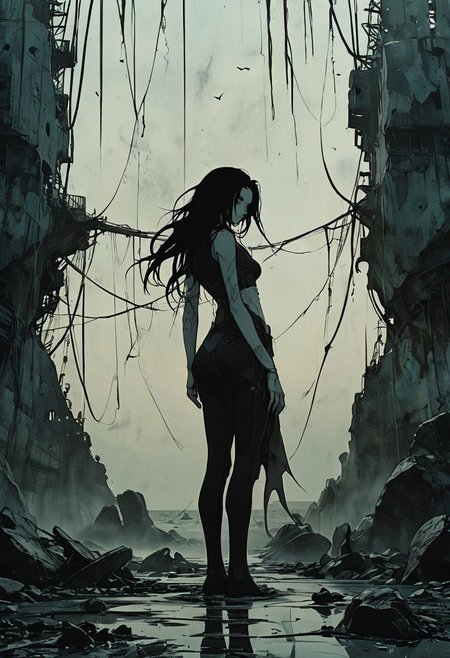 Capture the haunting beauty of Ergo Proxy from behind, framed against a backdrop of a desolate, dystopian black desert sea scattered with ruins and debris. infront of a grand sailing ship repurposed into a beach sailer stands against the eerie landscape. Craft your interpretation of this surreal scene, invoking the essence of mystery and desolation.
 very detailed, atmospheric haze,