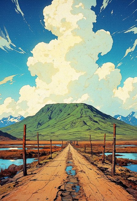 A vast open landscape featuring a flat-topped mountain under a dramatic sky filled with dynamic, fast-moving clouds. The foreground showcases a dirt road leading toward the mountain, flanked by shallow pools of water reflecting the sky. Sparse wooden posts stand in the wetland, adding depth and realism. The distant mountain has a lush green surface, contrasting with the rugged terrain around it. Beyond the mountain, rolling hills and jagged peaks stretch into the horizon, partially covered in snow. The sky dominates the composition, with clouds appearing to swirl and merge, evoking a sense of movement and changing weather. The colors transition from deep blue at the top to soft white and warm earthy tones near the ground, creating a harmonious balance between sky and land. The scene conveys a serene yet powerful atmosphere, reminiscent of remote, untouched nature.
,  anime, cyberpunk