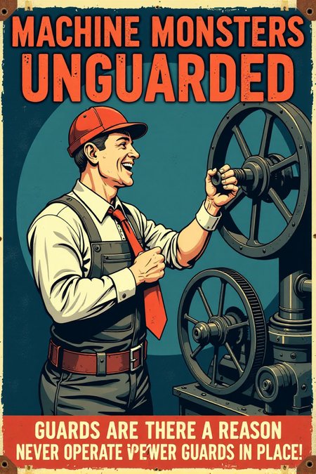 "Vintage safety sign illustration of a worker operating a large, dangerous-looking machine with all the machine guards completely removed or bypassed.  He is happily feeding his tie into moving gears and ignoring exposed blades and belts spinning dangerously close to his hands.  He has a blissful, carefree expression, completely unaware of the imminent danger of entanglement.  The sign text in bold, vintage lettering cries out: 'MACHINE MONSTERS UNGUARDED!  GUARDS ARE THERE FOR A REASON!  NEVER OPERATE WITHOUT PROPER GUARDS IN PLACE!' Render in a stark, slightly unsettling vintage cartoon style, contrasting the worker's oblivious happiness with the clearly dangerous unguarded machinery. Use a color palette that emphasizes the cold, metallic nature of the machinery (greys, blues) and warning reds for danger zones around the unguarded moving parts. Visually stunning vintage cartoon, direct machine guarding safety message, high detail in machine components and the worker's dangerous disregard for safety." <lora:REMEs_War_Poster_Style:0.9> In REME's War Poster Style,âââ