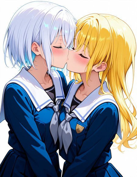 <lora:Morfonica_noobXL:1>, kirigaya toko, kurata mashiro, white hair, blonde hair, short hair, long hair,  closed eyes, 2girls, tsukinomori school uniform, school uniform, pleated skirt, long sleeves, white sailor collar, serafuku, collarbone, blush, grey neckerchief, white background, kiss, upper body,, very awa, masterpiece, best quality, highres, absurdres, newest,