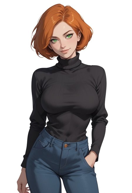 score_9, score_8_up, score_8, score_7_up, score_7,  Expressiveh, cowboy shot
BREAK
1girl, solo, annpossible, orange hair, short hair, green eyes, large breasts, looking at viewer, head tilt, seductive look, aroused, horny, standing, black turtleneck sweater, blue jeans, hands in pocket, light smile
BREAK
white background